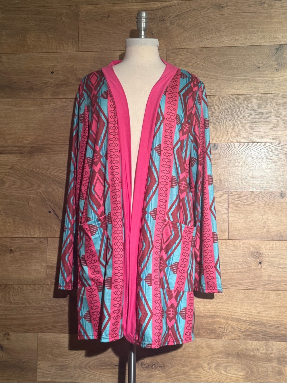 Pink & Aqua Geometric Open Cardigan